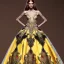 Placeholder: stunning extrem opulent couture gown designed by Marchesa inspired by fairies, realistic epic elegant fantasy color mix of gold and black and red,decorated with precious stones, detailed, high quality, intricate, fantasyland background,