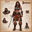 Placeholder: character concept sheet with AD&D statistics and characteristics, [illustration, drawing by Carlos Ezquerra] The female Barbanger is a mix between a barbarian and a range, a thin long sword in one hand and a foaming mug of ale in the other