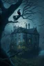 Placeholder: An old English mansion on a hill on a stormy night. A large crow is watching the flickering light from a window. The crow is on a branch in a large, leafy, horse chestnut tree.