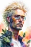 Placeholder: white background, cyberpunk, watercolor, Male 48 years old, blonde, portrait painting, acrylic, summer sunset, plant hair, flower clothes, double exposure, fine rendering, high detail, high resolution, 8K