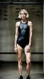 Placeholder: beautiful anorexic woman, total shot, short shiny black triathlon swimsuit, short blond wavy bob hair, blurred concrete background