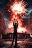 Placeholder: Young man standing, with arms raised, in front of an exploding building at night, with red lightening around him