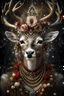 Placeholder: Beautiful reindeer portrait with textured snowy fur, adorned with ginger rose and white snowy rose floral , golden dust beads and red berries headress and crown, wearing rococo costume, organic bio spinal ribbed detail of rococo winter athmospheric candle lights, and full blackrose floral snoflakes background extremely detailed hyperrealistic maximalist concept art