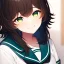 Placeholder: Clear focus,High resolution, brown short fluffy hair, long bangs, and green eyes, Depressed girl, wearing a sailor uniform, Smug smile, half closed eyes, smile, Extreme close up