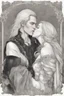 Placeholder: Strahd Von Zarovich, long black hair, being kissed on the mouth by a beautiful woman with white hair, wearing an off the shoulder dress. Settling and background are a lavish toomb with an ebony coffin.