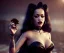 Placeholder: Rita ora, 1800s, vampire, long curly black hair, choker, black rose, Victorian dress