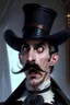 Placeholder: Strahd von Zarovich with a handlebar mustache wearing a top hat with a shocked expression