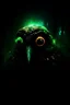 Placeholder: creature, turning to face you, hunch over, dark, force, background, glowing eyes, staring, covered decay, deep shades of green, covering forest, dark, rainbow, gradient, sky, dark, starry night,