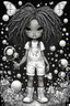 Placeholder: Create an coloring page of a psychedelic illustration of a chibi cartoon black young girl wearing overalls and boots. . Highly detailed sister locs. Background of a large bubbles and butterflies all around her, black and white