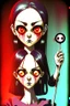 Placeholder: Cartoon bloody eyeball lollipop. illustration, 90s airbrush style, manga inspired, horror art, junji ito , exaggerated