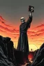 Placeholder: zombie priest being sucked down into a tar pit at sunset raising an arm holding a bible only his head and one arm showing, modern stylish comic book art, by Ted McKeever style, by Zdzislaw Beksinski, ink wash mind-bending illustration, dark shine, by Victor Pasmore