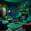 Placeholder: Detailed cozy living-room made of modeling clay, odd furnitures, naïve, strong texture, TV studio 1950's shot, extreme detail, Max Ernst, green and blue moody colors, sparkles, Yves Tanguy, odd