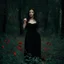 Placeholder: Night, one woman in black dress taking red flowers, vegetations, forest, doom, creepy, gloomy, gothic dark influence