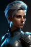 Placeholder: create a female air genasi from dungeons and dragons, dark gray short hair, light blue eyes, wind like hair, wearing hot leather clothing, realistic, from waist up, digital art, high resolution, strong lighting