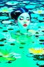 Placeholder: A green-haired woman facing up lies at the bottom of the pool, with lotus flowers floating on the water, reflection, loose strokes, dynamic lighting, digital art, art by james jean, takato yamamoto, 4k, concept art, illustrative