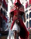 Placeholder: Assassin creed con dagas y espadas detalles en los pantalones en el pecho y en las botas caminando por Venezia capa arte digital hiperdetallado detalles intrincados obra de arte blanco rojo 8k