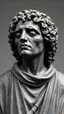 Placeholder: Ceramic style statue all colours are dark gray of an old church man from the 1000 BC in it a whole body and the head of dead man with thick curly hair and his eyes are closed