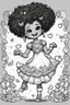 Placeholder: create a coloring page of a chibi ox with a curly afro ponytails dancing around hearts and butterflies. she smiles while shes playing , black and white