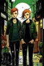 Placeholder: Design a book cover. Two teenage boys with ginger hair, green eyes, and pale faces. Between them, in the centre, a teenage punk girl in dark clothes, heavy boots, leather jacket. The black cat next to the girl, small town, mysterious mood, graphic style, Margot Robbie style, night with light glares.