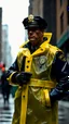 Placeholder: vintage retro nypd full body color policeman wtih exosquelette heavy yellow rain transparent coat