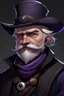 Placeholder: dwarf rogue gambler long black coat flat hat handle bar mustache white hair, purple skin, younger