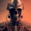 Placeholder: a skeleton warrior wearing samurai armor in hr giger style, red blood floating from above on his head, steam punk, realistic, made in octane, cinematic, ultra-realistic, extremely detailed octane rendering, 8K, VRAY Super Real ar 2:3, dof photorealistic futuristic 50mm lens hard lighting dark gray tintype photograph, realistic lighting, sepia color