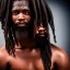 Placeholder: African-American man, wet dred locked hair, with sweat on face, serious, masculine, heroic, with facial hair, dripping, intricate details, hyper realistic sweat, fine details in skin texture, model photography, studio portrait lighting, 8k -ar 3:5- upright -beta -no blur