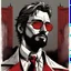 Placeholder: young man with scraggly hair and beard stubble in sunglasses dressed in a red priest's frock with a repulsed look on his face that looks like Hans Gruber comic book character