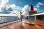 Placeholder: a ballerina dncing in deck of a modern big ship ,in oceion water vaves pretty blue sky with clouds