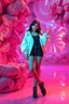 Placeholder: si fi a 3d recursive mandlebore fractal environment color and light an extra beautiful supper modern girl wearing modern clothing gracefully posing full body shot