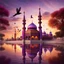 Placeholder: Hyper Realistic Photographic-View of Beautifully-Detailed-Crafted Purple-&-Orange Muslim-Shrine with Maroon-Minarets Riverside-with-shrine-reflection also Cloudy Sunset & Birds Flying Showing dramatic & cinematic ambiance