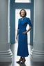 Placeholder: Powerful classical portrait of a 2000s politician in her early 40s wearing a blue dress standing in a powerful position a little zoomed out
