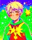 Placeholder: Boy, short white hair, wears a green shirt with yellow stripes, wears a red scarf, has light green eyes, his shirt has a star print, around him, uses star power in his hands, background with various colors and stars, HQ anime manga drawing style