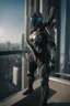 Placeholder: Long-angle shot takes the form of a full body futuristic cyber punk sniper wearing a robotic warframe suit, small earphones, full body Raw, 8k, Futuristic robotic soldier position on top of a tall building is aiming with a lying position is aiming at the target