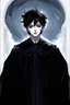 Placeholder: black hair, 19year old, male, wearing black robes, alchemist, in the style of Harry Clarke