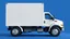 Placeholder: side profile of a white generic north american medium commercial truck with cube box, blue background, pixxar