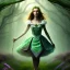 Placeholder: delicate hands with thumbs up, halo, upper body of dark celtic alice in wonderland, fast walker, as a brunette young cute feminine woman, short hair, green forest background, pond, mega flowers,peacock,sun light