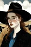 Placeholder: drawing of woman with pale skin, freckles, brown braided hair, blue eyes, black cowboy hat, surrounded by cows, black coat, wheat field