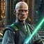 Placeholder: star wars bald male corellian jedi pilot wearing black and gunmetal grey old republic armored robes with gold trim inside the jedi temple holding a lightsaber with viridian green blade in left hand, centered head and shoulders portrait, hyperdetailed, dynamic lighting, hyperdetailed background, 8k resolution, volumetric lighting, light skin, fully symmetric details