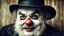 Placeholder: analog photo, hdr, close-up, noire tragicomedy, dark room, portrait of (a fat clown:1.1), sad, (clown, powdered face:1.09), thick cheeks, (moustache:1.05), sad smile, 50 years old, messy hair, bowler hat, pale skin, film grain, bokeh, dramatic, (vignette:0.9)