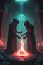 Placeholder: Two necromancers performing a ritual, cyberpunk aesthetic, glowing eyes, futuristic catacomb setting,evil glowing energy spreading