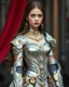 Placeholder: Photography,girl,full body,standing looking front view,brown long hair, long gown dress mechanical,delicate gold and full diamonds colors crystal jewelrys,silver metalic parts, golden parts, intricate armor, detailed part,Movie Still