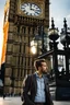 Placeholder: an man standing in front of big ben looking at camera,closeup