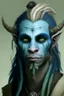 Placeholder: A tieffelin with blue skin and white Dreadlock hair. His pupil-less eyes are green. He wears a small beard. His horns are black and curved backwards. He wears a beige tunic.
