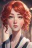 Placeholder: A short girl with thick short wavy red hair, narrow kind eyes with an enthusiastic look. A wide oval face is decorated with an upturned nose and small lips, genshin impact style