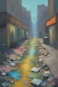 Placeholder: painting of a cyberpunk colourful natural walkway rubbish on the street in the city with pollution and a creek by monet