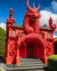 Placeholder: A light red fiery palace with a dragon guarding it designed in Maori sculptures