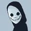 Placeholder: 18 bit pixelart of a shadow figure with a white smooth wide smiling mask, no nose, no nose holes