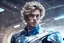 Placeholder: a very handsome man, light brown hair, dressed in a silver and blue galactic suit, with diodes and lights decorating the costume in front of the very modern interior of a spaceship, galactic atmosphere, beauty, future , kindness