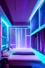 Placeholder: a bedroom, neon lights, dim light, futuristic, blue light, cable, electricity, ornate, detail, windows with skyscrapers, science fiction, blue purple neon, Cyberpunk Interior